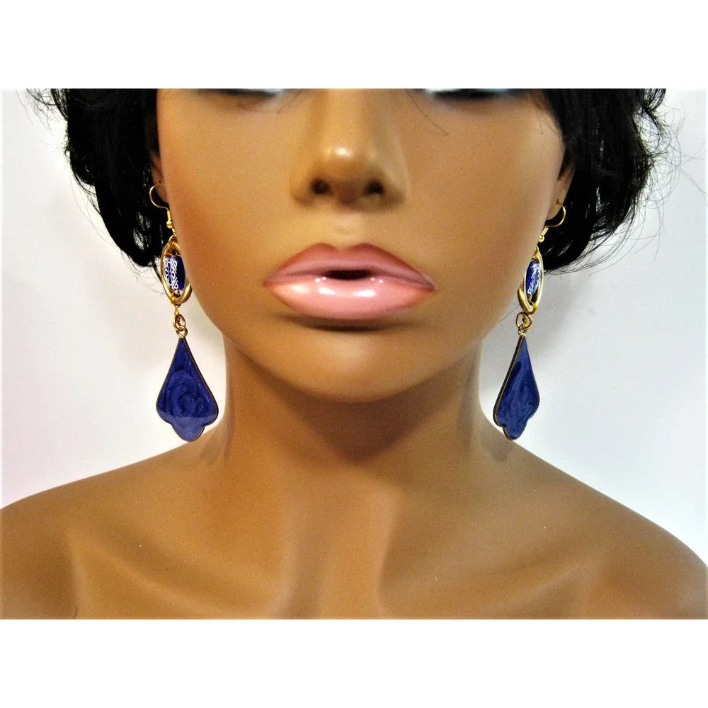 Purple Gold Enameled metal Vintage Bead accent Drop Earrings 3 inch long